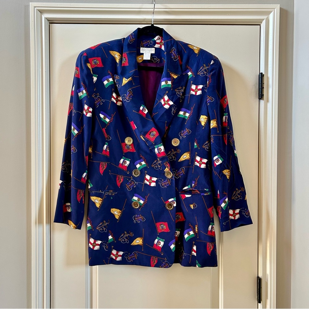 Vintage Ann Taylor Studio Silk Navy Nautical Flag Print Blazer 80s 90s retro